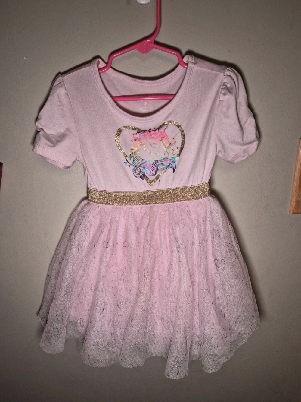 Kidgets Pink Unicorn Heart Tulle Dress with Gold Waistband